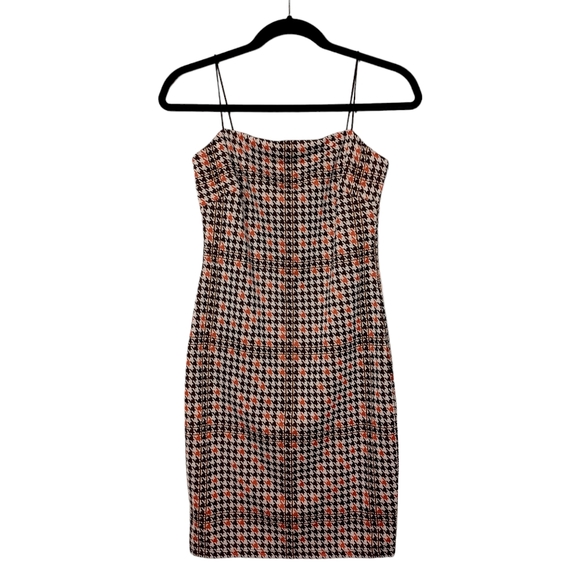 MISTYROSE Houndstooth Plaid Print Orange Black Cream Retro Sheath Dress L NWT - Picture 4 of 9
